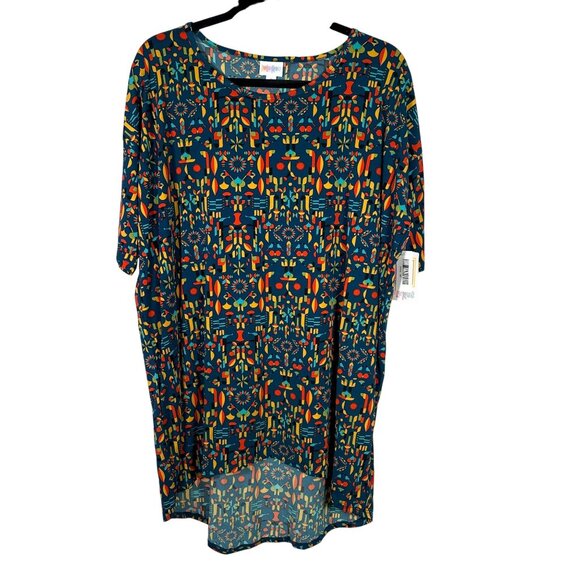 LuLaRoe IRMA Blue Red Yellow Orange Patterned Hi-Low Tunic Top Shirt MEDIUM M - Picture 1 of 5